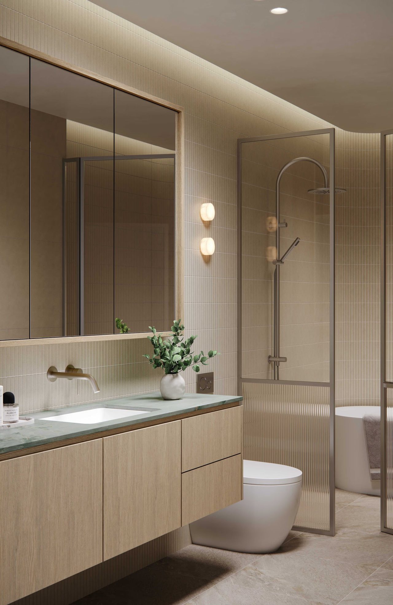 A DECA residence bathroom with oak cabinetry, vertical tiles and brushed nickel tapware. Artist impression.