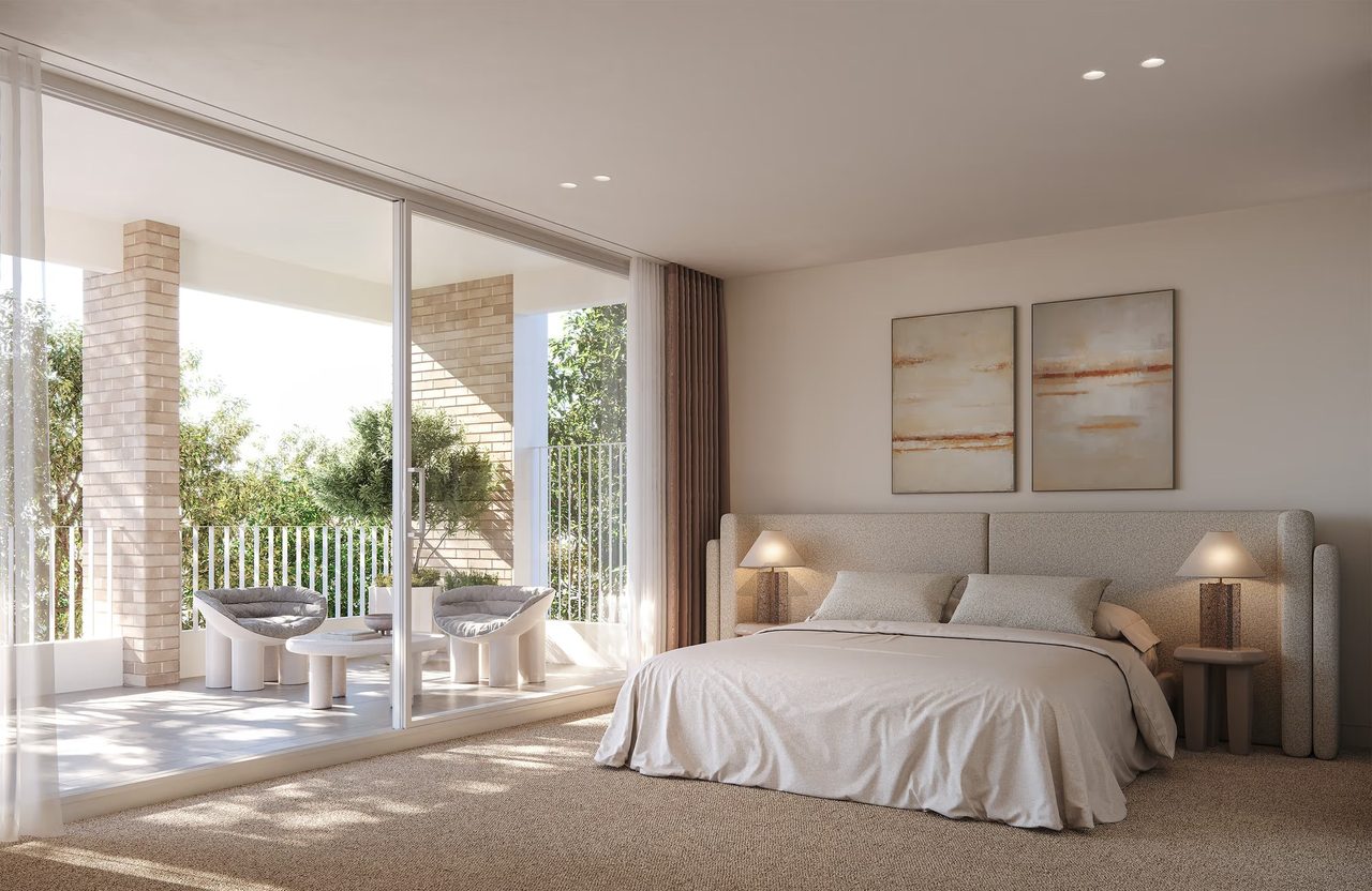 A light-filled DECA bedroom opening onto a planted terrace. Artist impression.