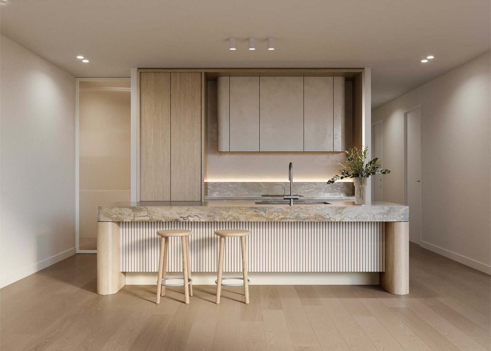 Natural stone island, timber cabinetry and integrated appliances in a DECA residence. Artist impression.