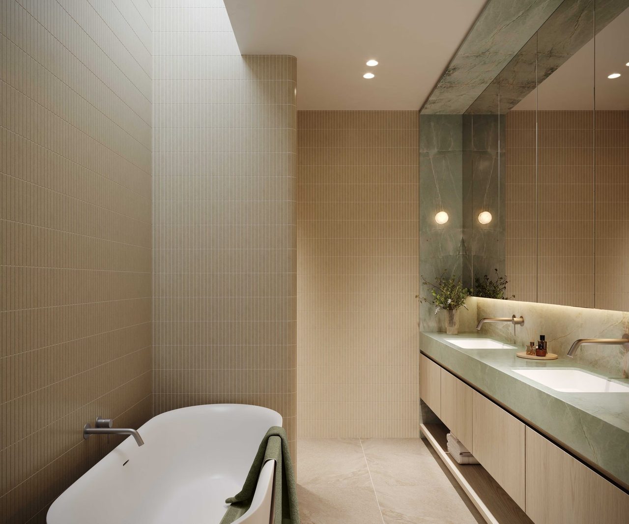 A DECA penthouse ensuite with a freestanding bath, twin basins and soft natural light. Artist impression.