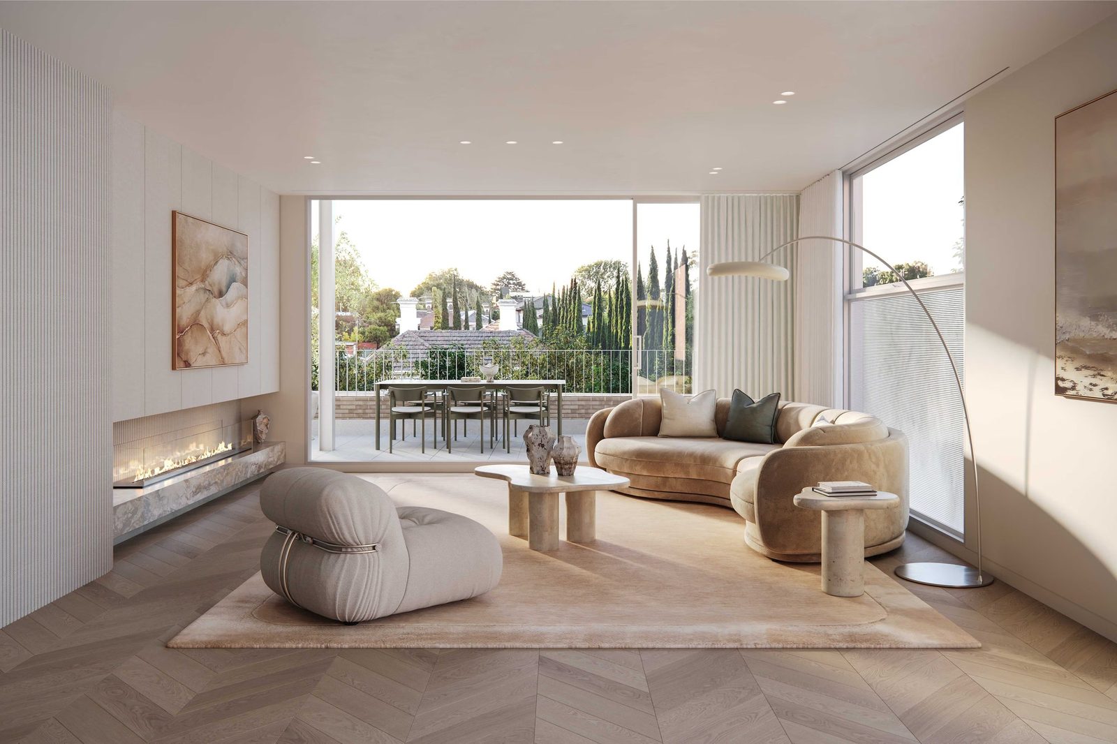 DECA penthouse living room with chevron timber flooring, a fireplace and terrace beyond. Artist impression.